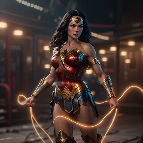 Wonder Woman with her glowing Lasso of Truth, photo-realistic, octane render, unreal engine, ultra-realistic