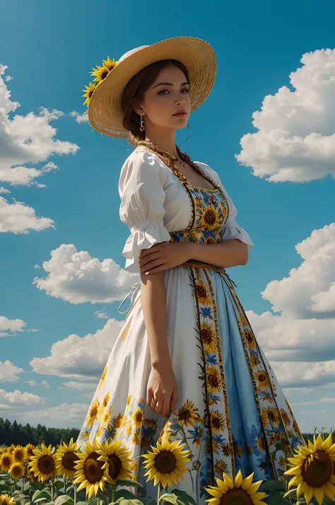 ultra detailed oil painting of a stunning woman in traditional outfit from Ukraine, surrounded by sunflowers, blue sky with summer clouds, hand-painted, art by MSchiffer, sharp focus, colorful, high contrast,