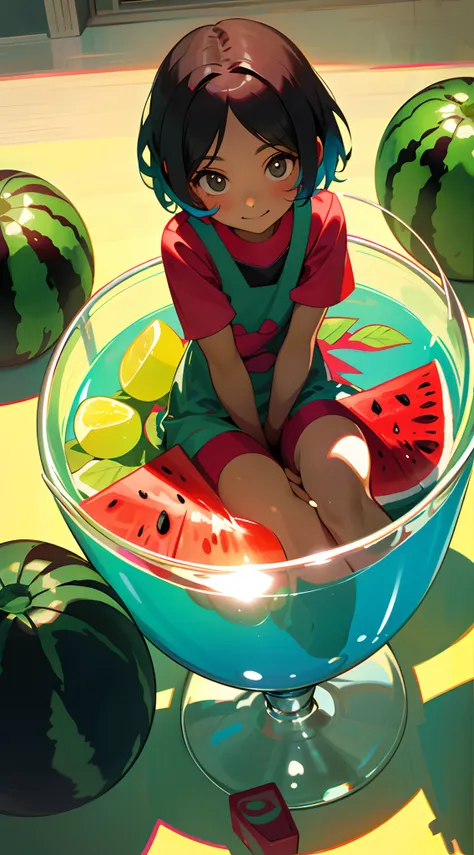 A little girl sits in a glass, happily tasting watermelon, cool liquid, sunlight, shade, colorful