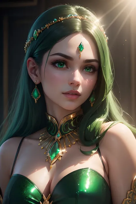 (best quality, ultra-detailed, realistic:1.37), large, shiny emerald gemstone, polished and valuable, contrasting with vibrant green rays, illustration, portrait, vivid colors, luxurious lighting