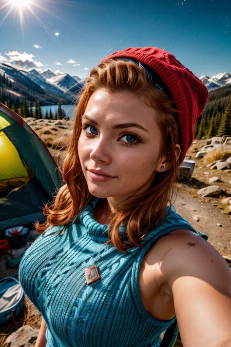 VeronicaCipher ((upper body selfie, happy)), red hair, blue eyes, masterpiece, best quality, ultra-detailed, solo, outdoors, (night), mountains, nature, (stars, moon) cheerful, happy, backpack, sleeping bag, camping stove, water bottle, mountain boots, glo...