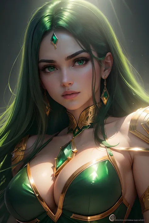 (best quality,ultra-detailed,realistic:1.37),large shiny emerald gemstone,polished and valuable,greenish rays contrasting with power,illustration,portrait,vivid colors,luxurious lighting