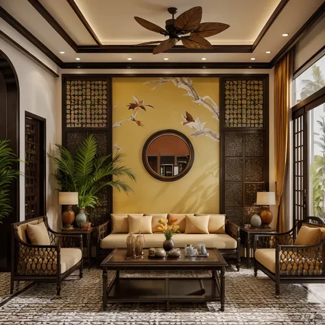 raw photo, masterpiece, high quality, best quality, authentic, super detail, interior, indoors, indochine livingroom with couch,...