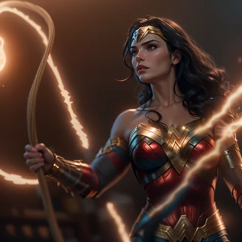 Wonder Woman with her glowing Lasso of Truth, photo-realistic, octane render, unreal engine, ultra-realistic