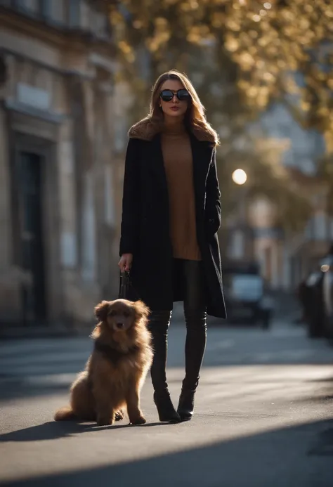 (a girl),black coat,holding a spotted puppy,sunglasses,eye contact with the audience,best shadows,depth of field,long hair,urban background,(best quality,4k,8k,highres,masterpiece:1.2),ultra-detailed,realistic,(HDR,UHD,studio lighting,extreme detail descri...