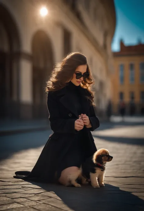 (a girl),black coat,holding a spotted puppy,sunglasses,eye contact with the audience,best shadows,depth of field,long hair,urban background,(best quality,4k,8k,highres,masterpiece:1.2),ultra-detailed,realistic,(HDR,UHD,studio lighting,extreme detail descri...