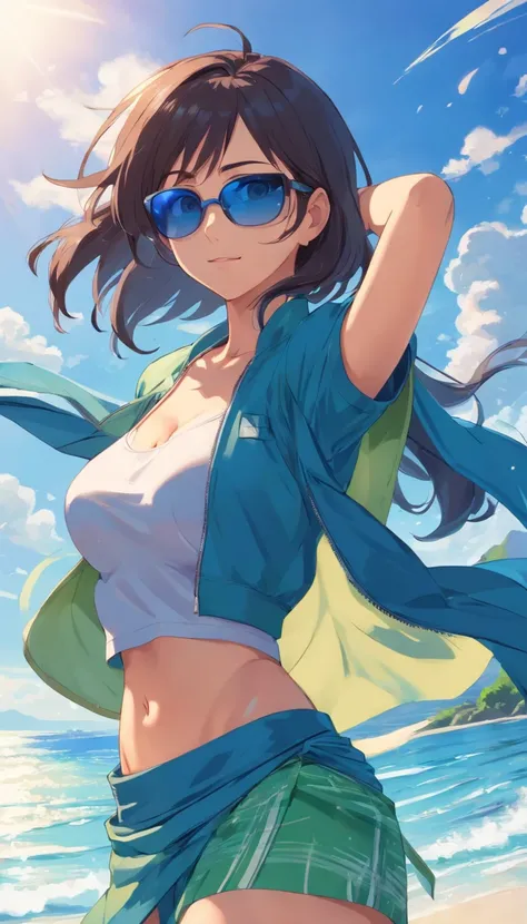 (((masterpiece))), NicoRobin, 1girl, solo, full body, long hair, looking at viewer, smile, blue eyes, large breasts, black hair, navel, holding, cleavage, closed mouth, standing, collarbone, jacket, short sleeves, cowboy shot, outdoors, sky, day, midriff, ...