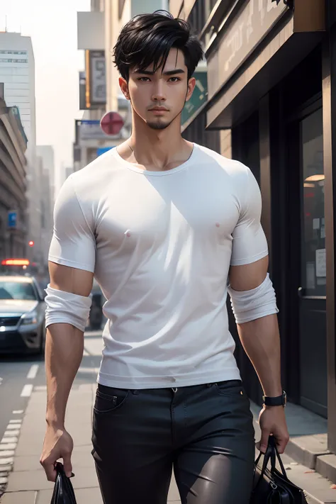 Masterpiece, high quality, best quality, HD, realistic, perfect lighting, detailed body, 1 man, short black hair, white t-shirt, calm expression, low facial hair, good-looking, outside in the city streets, filipino, lightskin, wearing long sleves, wearing ...