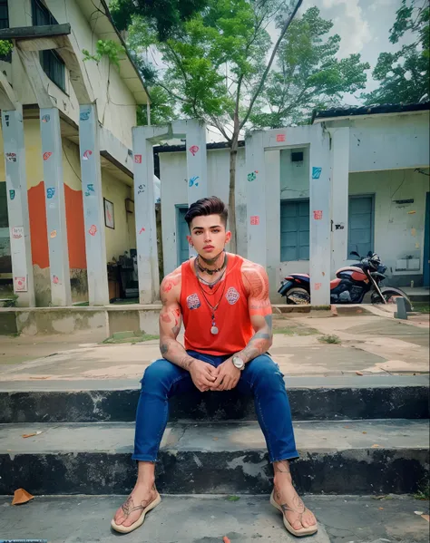 Boy with a tattoo on his arm and a necklace, fotografia editorial, maxilar quadrado, macho atraente, jovem atraente, modelo masculino jovem, modelo masculino, jovem bonito, rapaz atrarente, rosto detalhado, Colton Hayes 8k background change