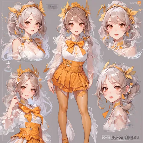 ((Masterpiece, Highest quality)), Detailed face, CharacterDesignSheet， full bodyesbian, Full of details, Multiple poses and expressions, Highly detailed, Depth, Many parts，faeries，double-ponytail，estilo fantasia，Orange caramel，Extremely beautiful，High Bala...