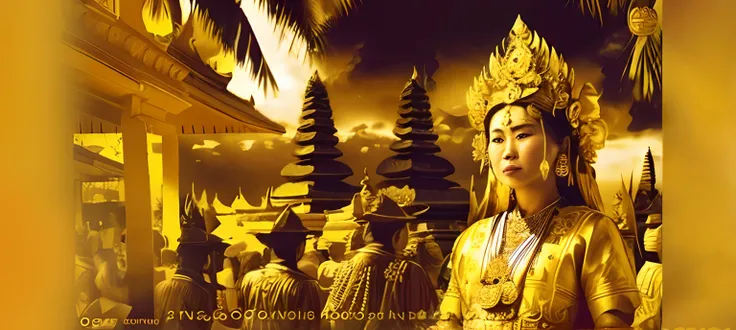 there is a statue of a woman in a golden dress, taken in 2 0 2 0, bali, indonesia national geographic, wearing ornate clothing, portrait shot, inspired by I Ketut Soki, inspiring, wearing traditional garb, indonesia, dramatic portraiture of namenlos, ancie...