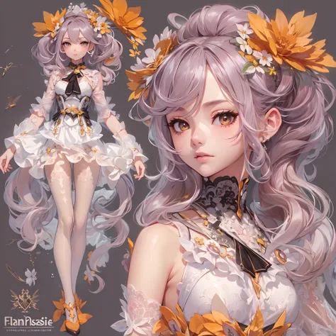 ((Masterpiece, Highest quality)), Detailed face, CharacterDesignSheet， full bodyesbian, Full of details, Multiple poses and expressions, Highly detailed, Depth, Many parts，faeries，double-ponytail，estilo fantasia，Orange caramel，Extremely beautiful，High Bala...