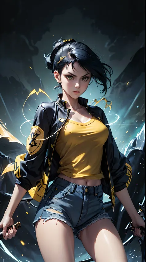 Woman, fight pose, Baddas stare,Hold a yellow sword with a yellow lightning emblem, yellow short wispy Pixie hair, yellow eyes, yellow short shirt, black hotpants jeans, black Jacket sweater ,In the middle of the shirt there is an omega symbol,HD lighting ...