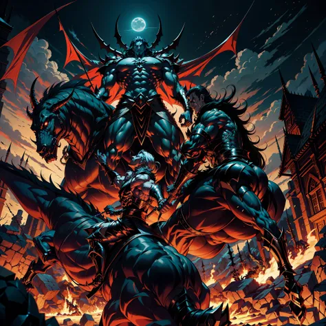 Castlevania Shadow Lord hyper realistic super detailed Lord Dracula handsome muscular wearing angry Islamic armor leading troops armed with demons into battle 3points perspective view bottom shot hyper realistic super detailed Dynamic shot Cinematic scenes...