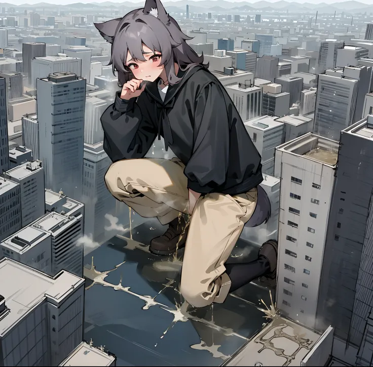 NSFW，Clouds， view over city， mountain ranges， Masterpiece, Best quality, Highly detailed,Masterpiece,Best quality,offcial art,Extremely detailed Cg Unity 8K wallpaper，{{{Giantess}}}，Giant，1girll，modern miniature city，Peeing，No shoes，{Black stockings}，Black...