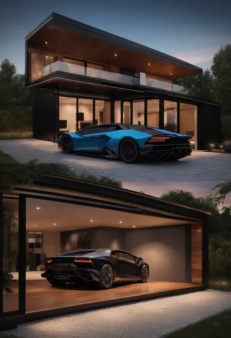 ((Best quality)), ((masterpiece)), ((realistic)), ((Best quality)), ((masterpiece)), ((realistic)), container house, garage, lamborghini, dark space, smart home,