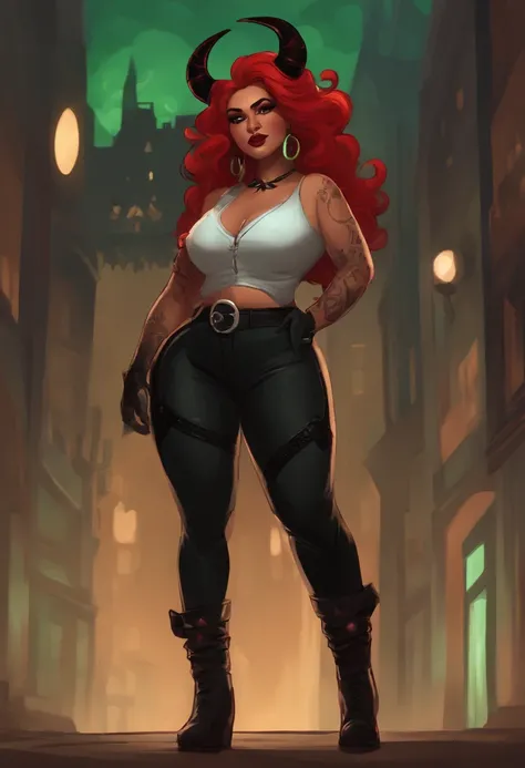 a slightly chubby, bottom heavy hispanic female with messy red and black two tone hair, dark freckles, red eyes, a black shirt that has a logo of a green circle and a black star in the middle, black pants with red Xs on the knees, neon green imp horns, a t...