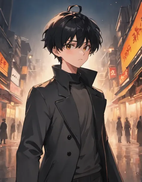 A young man with short black hair and golden eyes（Handsome）Wearing a black turtleneck liner and a white trench coat, he stood expressionless in the street with a katana in hand（British style）