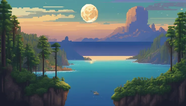 Pixel art of giant moon rising on calm sea, beautiful detailed pixel art, detailed pixel art, lo-fi retro videogame, concept pixelart, detailed pixel artwork, Pixel art style, pixel town, pixel art animation, high quality pixel art, Dolphins jump off the s...