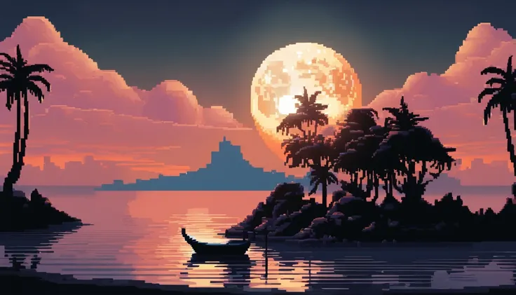 Pixel art of giant moon rising on calm sea, beautiful detailed pixel art, detailed pixel art, lo-fi retro videogame, concept pixelart, detailed pixel artwork, Pixel art style, pixel town, pixel art animation, high quality pixel art, Dolphins jump off the s...