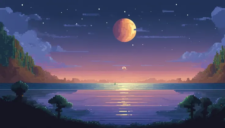 Pixel art of giant moon rising on calm sea, beautiful detailed pixel art, detailed pixel art, lo-fi retro videogame, concept pixelart, detailed pixel artwork, Pixel art style, pixel town, pixel art animation, high quality pixel art, Dolphins jump off the s...