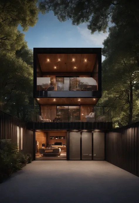 ((Best quality)), ((masterpiece)), ((realistic)), ((Best quality)), ((masterpiece)), ((realistic)), container house, garage, lamborghini, dark space, smart home,