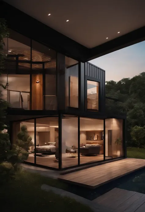 ((Best quality)), ((masterpiece)), ((realistic)), ((Best quality)), ((masterpiece)), ((realistic)), container house, garage, lamborghini, dark space, smart home,