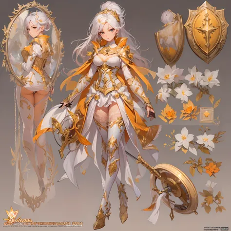 ((Masterpiece, Highest quality)), Detailed face, CharacterDesignSheet， full bodyesbian, Full of details, Multiple poses and expressions, Highly detailed, Depth, Many parts，Beautiful paladin，holding a shield，double-ponytail，estilo fantasia，Orange caramel，Ex...