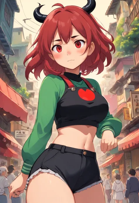 a chubby, bottom heavy hispanic girl with messy red and black two tone hair, dark freckles, red eyes, a black shirt that has a logo of a green circle and a black star in the middle, black pants with red Xs on the knees, neon green imp horns, a thin black i...