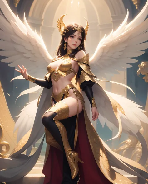 Alafed woman in winged white and gold costume, full - body majestic angel, of beautiful angel, ig model | ArtGerm, Trending on CGSTATION, by Yang J, Goddess. extremely high detail, a beautiful female angel, Beautiful Angel, very detailed Artgerm, anime god...