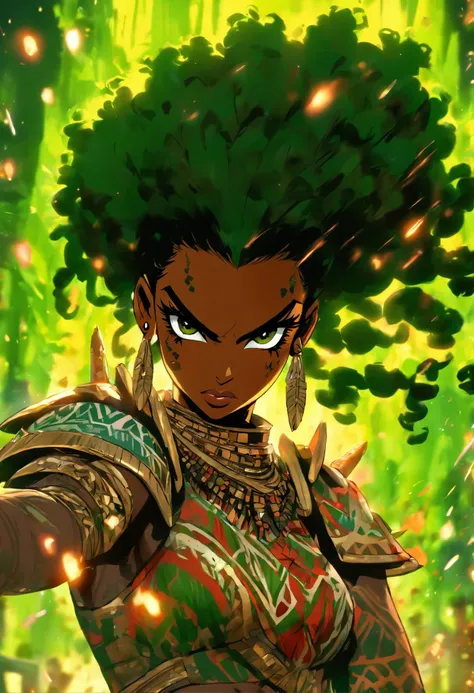 The most beautiful and sexy African warrior princess, black hair, long afro in a blowout hairstyle, green eyes, wearing highly detailed tribal battle armor, wielding a tribal spear, tons of tattoos and piercings, blood splattered, golden flower pedals blow...