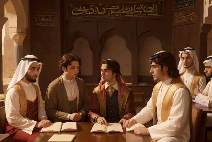 Year: 11th century. Location: Ispahan. Pre-raphaelite scene with a 21-year-old jewish man, university, school of medicine, surrounded by other students, ((paying attention)) ((((11th century arab clothes)))) ((11th century hairstyle)), (((cinematic style))...