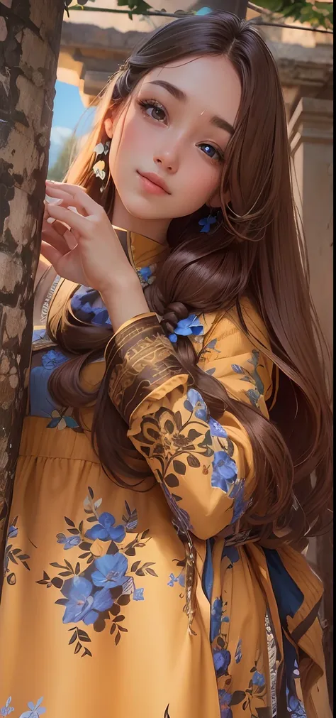 beautiful girl with brown long hair, change background with blue flowers garden, change dress color to olive ultra 8 k