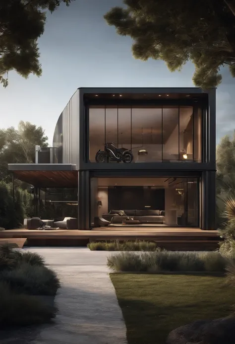 A modern container house with a spacious, industrial-style garage surrounded by a dark and atmospheric space. The scene features a sleek motorbike, highlighting the contrast between the ruggedness of the bike and the futuristic elements of the smart home.
...