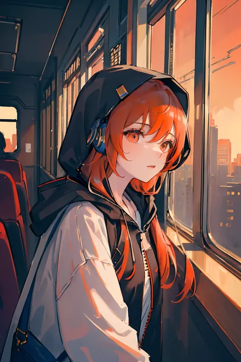 (masterpiece, sidelighting, ultra-detailed, finely detailed beautiful eyes: 1.2), 1girl, bag, building, from side, headphones, hood, hood down, hooded jacket, hoodie, jacket, long hair, orange hair, profile, red hair, solo, train, train interior, upper bod...