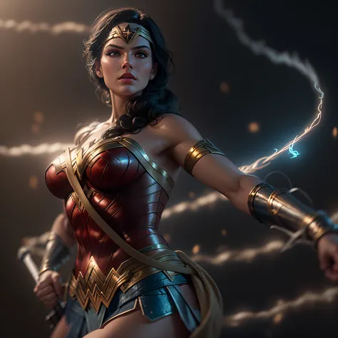 Wonder Woman with her glowing Lasso of Truth attached to her hip, wearing a Sword, photo-realistic, octane render, unreal engine, ultra-realistic