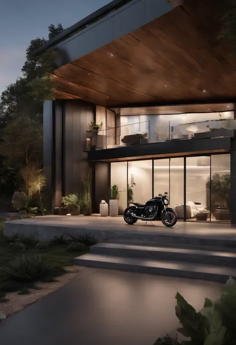 ((Best quality)), ((masterpiece)), ((realistic)), ((Best quality)), ((masterpiece)), ((realistic)), A modern container house with a spacious, industrial-style garage surrounded by a dark and atmospheric space. The scene features a sleek motorbike, highligh...