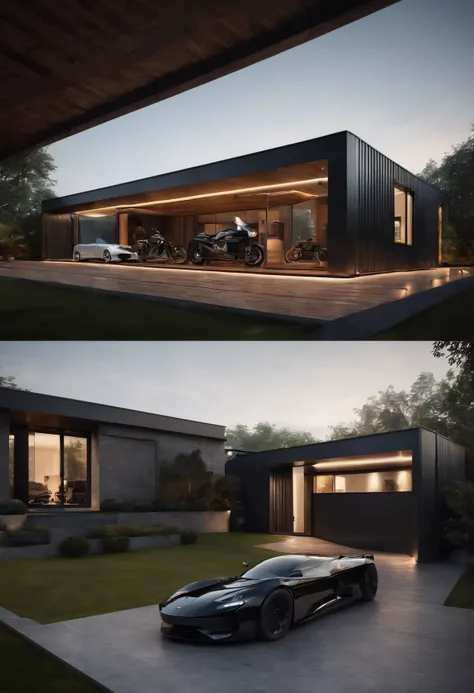 ((Best quality)), ((masterpiece)), ((realistic)), ((Best quality)), ((masterpiece)), ((realistic)), A modern container house with a spacious, industrial-style garage surrounded by a dark and atmospheric space. The scene features a sleek motorbike, highligh...