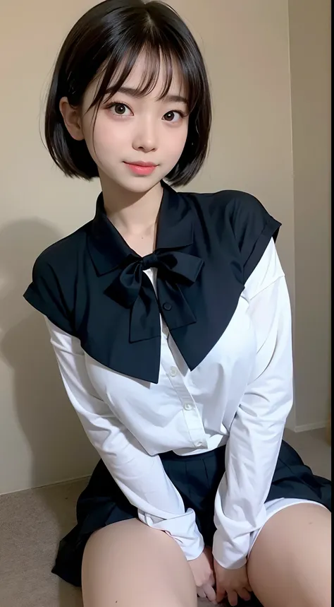 photoreali、photoRealstic　brunette color hair、hair straight、tit、Black eyes、Plump cheeks、Sixteen years old、Big high school girl、Suppin、Short hair tied up，Short ponytail hair，So that it is not exposed、Cute Baby Turtle、a sailor suit、Female Student、bow ribbon、s...