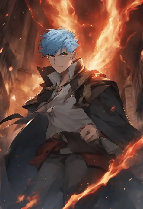 (a detailed picture,high quality,A boy with blue hair, wearing a boy school uniform, with glowing red eyes, and a wise expression, standing in a distorted city. The boy is about 100 years old, and his eyes have a dead, intense stare. He is surrounded by so...