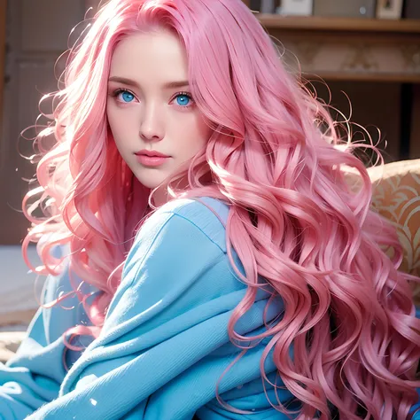 Woman, long curly hair, pink hair, blue eyes, sitting