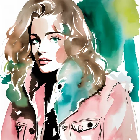 David Downton fashion illustration watercolor, light brown blonde thin hair woman, fluffy pink sweater, light blue trendy denim jacket, apple green tea, Paris street