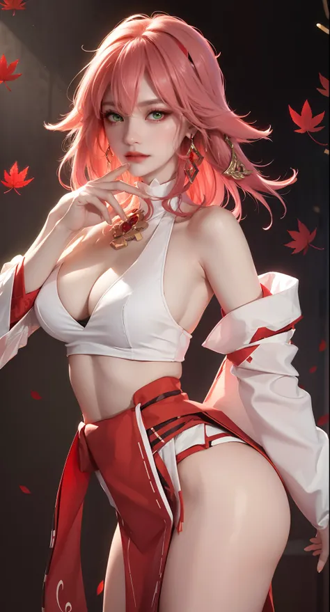 ((autumn background))), ((red leaves trees background)))), (((luminous background))), (Masterpiece, Excellent, 1girl, solo, complex details, color difference), realism, ((medium breath)), off-the-shoulders, big breasts, sexy, Yae Miko, long pink hair, red ...