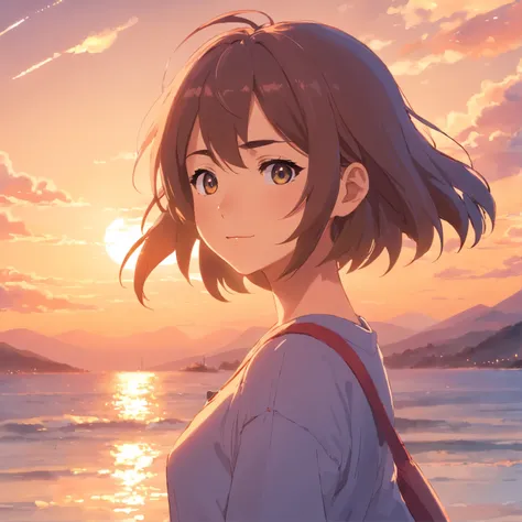 illustration above masterpiece, melhor qualidade, filme ainda, 1girl, garota nuvem, floating into the sky, close-up, brilhante, feliz, Soft lighting and Warm, sun sunset, (Sparks: 0,7)