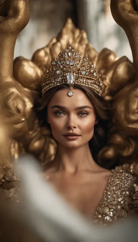 obra maestra, calidad superior, 8k, Miranda Kerr como estatua de marmol, Hoyuelos, cuerpo completo, brazos, piernas, rhinestone dress, fondo de templo griego