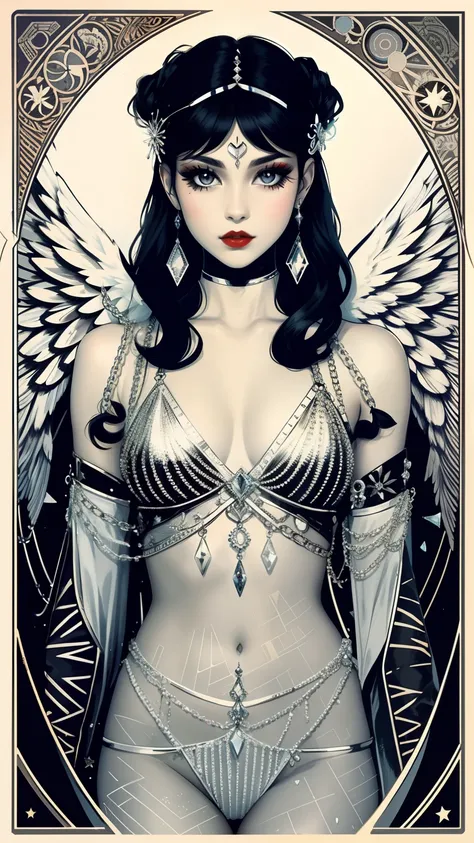 tarot card, Model: long wavy hair, full scarlet dark lips, Smoky eyes, BREAK,, Broken glass, crystals, neon lights, BREAK, Polychromatic geometric patterns,Heart, Arms and legs, BREAK, Accessories: Chrome-plated chains with torn body, Silver Choker, black ...