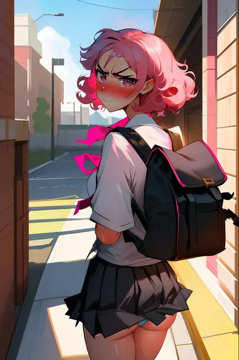 (Masterpiece), short hair, 1girl, floofy hair, curly hair, brat, tsundere, short slirt, highschool uniform, school girl, tie, embarrassed, blushing, wobbly mouth, (angry), from behind, pink hair, looking at viewer, outside, backpack, panties, sexy pooping