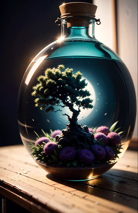 DreamlikeArt tree in a bottle, peludo, realista, Foto, Canon, dreamlike, arte, Hojas y ramas coloridas con flores en la partee superior de la cabeza. Fotorrealismo hiperdetallado por Greg Rutkowski - H 1024 W 804 | F 1 6 Marca de lente 2:2 s 3555 mm film g...