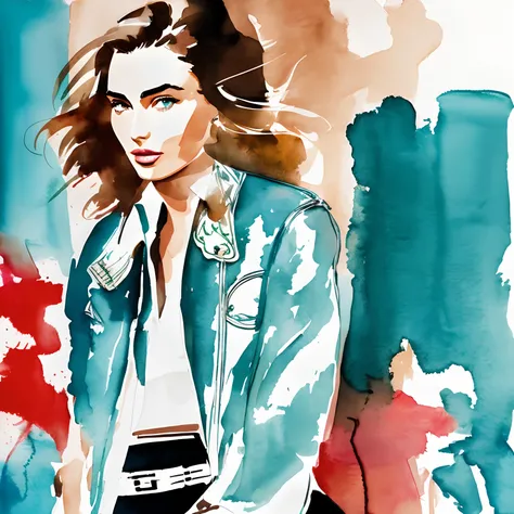 David Downton fashion illustration watercolor, light brown blonde thin hair 1woman, Andreea Diaconu, light blue trendy denim jacket, apple green tea, Paris street