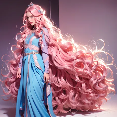 “Woman, long curly hair, pink hair, blue eyes, elf, full body, soft, cute